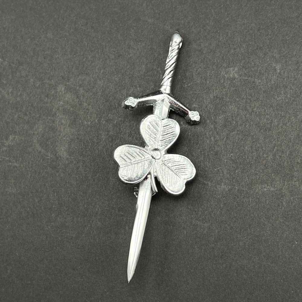 Kilt Pin Irish Shamrock Sword Brooch Silver Tone Celtic Medieval - Picture 3 of 7